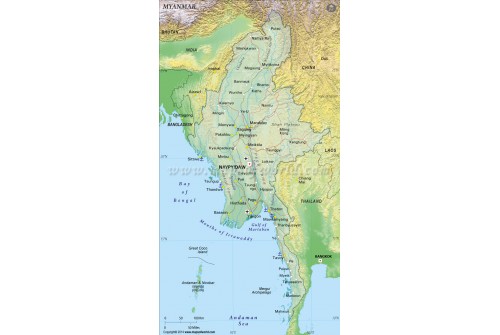 Myanmar Physical Map, Dark Green