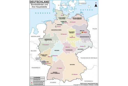 Federal Countries Germany Map - Provinces and Their Capitals