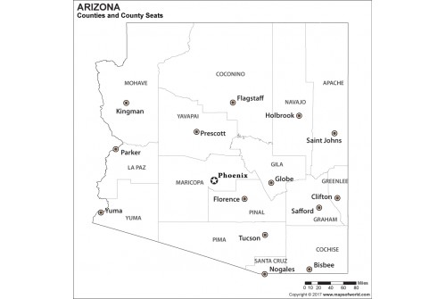 Black and White Arizona County Map with Seats
