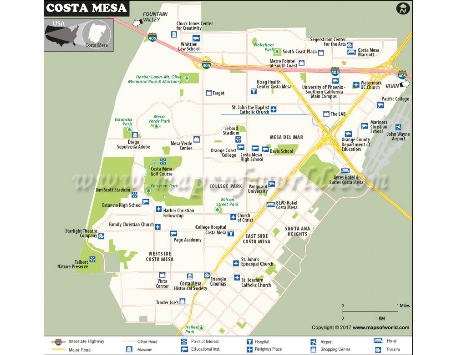 Costa Mesa City Map, California.