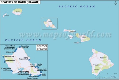 Map of Oahu Beaches, Hawaii