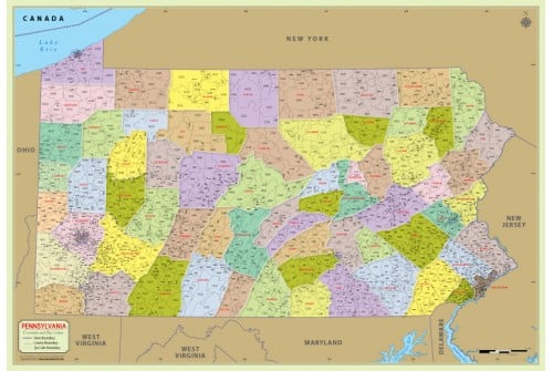 Buy Pennsylvania Zip Code Map With Counties Online 9751