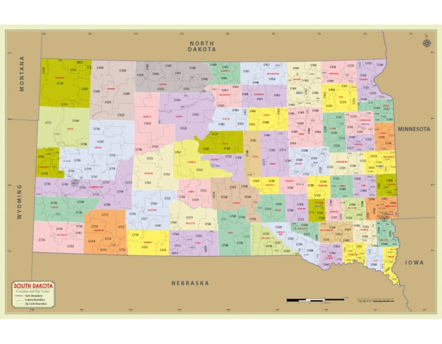 Buy South Dakota Zip Code Map With Counties Online