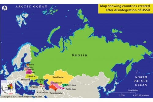 Map Showing Countries Created after Disintegration of USSR