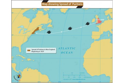 Map Showing Spread of  Puritans