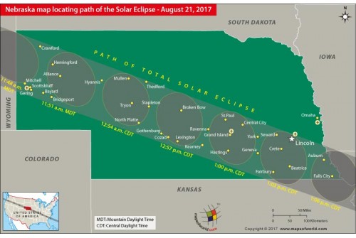 Nebraska Map Locating Path of the Solar Eclipse   August 21, 2017