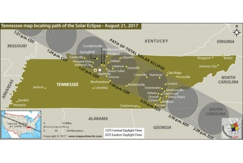 Tennessee Map Locating Path of The Solar Eclipse August 21, 2017