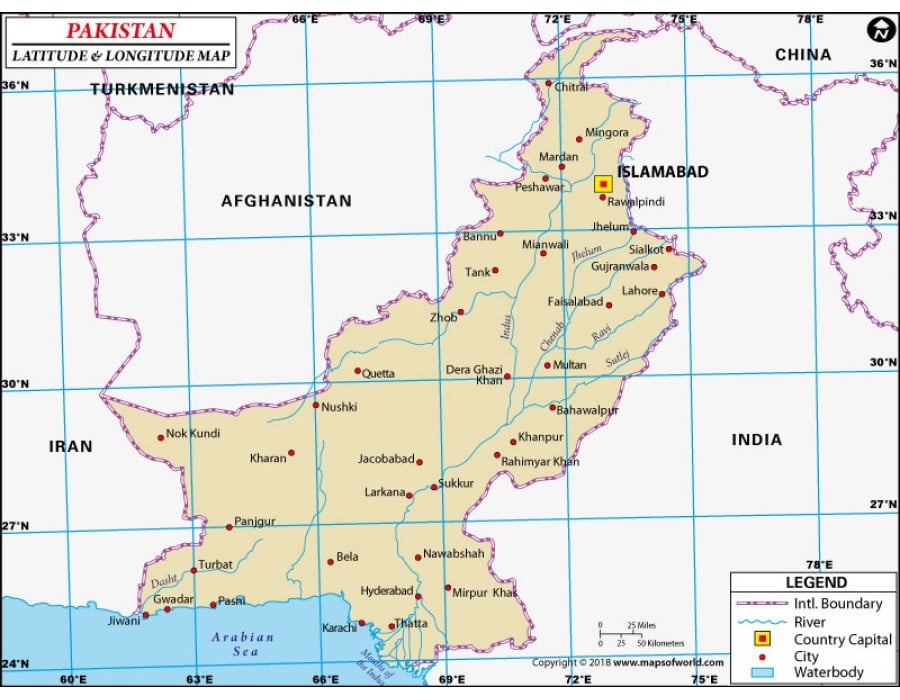 Pakistan Latitude and Longitude Map.