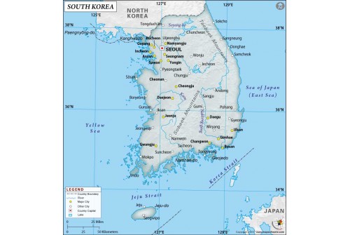 South Korea Physical Map with Cities in Gray Background
