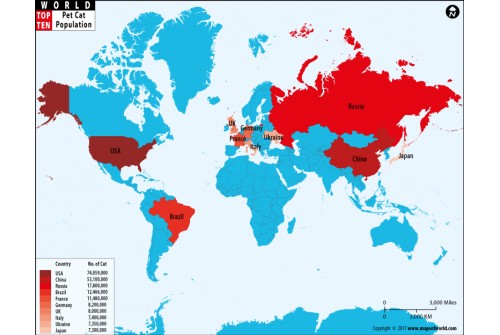 Map of Top Ten Countries With Most Pet Cat Population