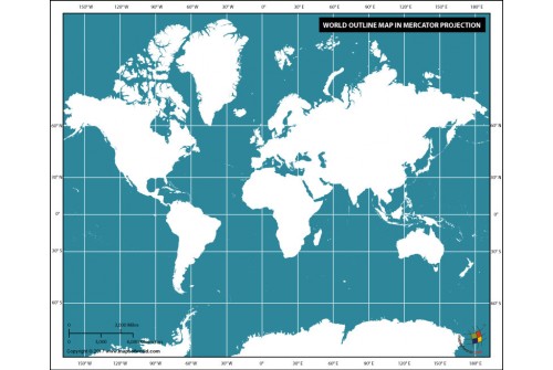 World Outline Map in Mercator Projection in Dark Background