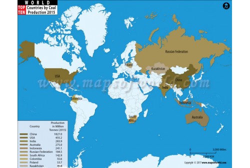 World Map of Top Ten Coal Producing Countries