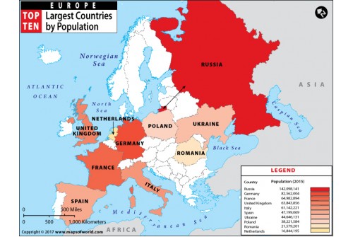 Map of Largest European Countries by Population