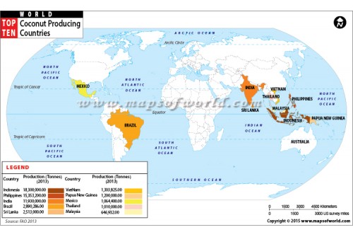 World Top Ten Coconut Production Countries Map