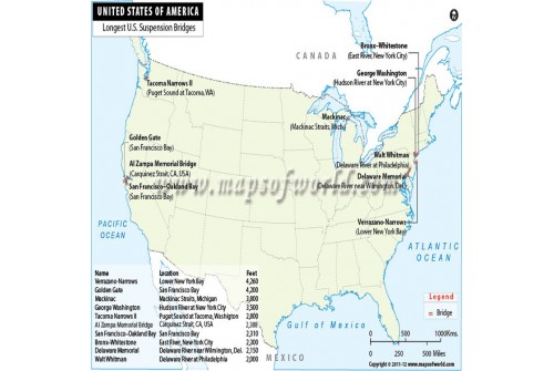 Map of Longest Suspension Bridges in the USA