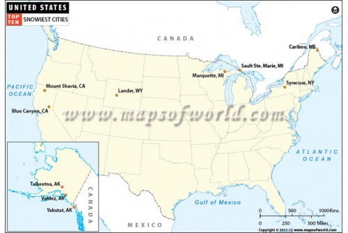 Map of Top Ten Snowiest Cities in US