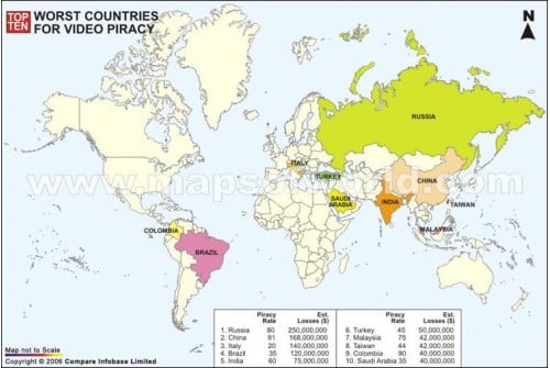 Map of Top Ten Countries with Highest Video Piracy