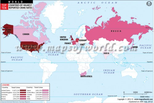 World Map of Top Ten Countries with Highest Crime Rates