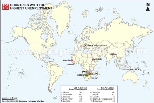 World Map Of Top Ten Countries By Unemployment Rate
