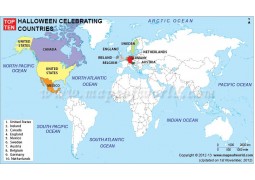 World Map of Top Ten Halloween Celebrating Countries - Digital File