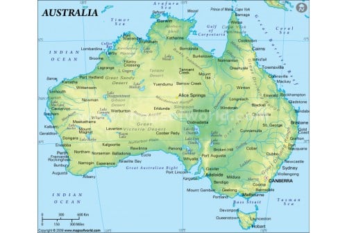 Australia Physical Map in Green Background