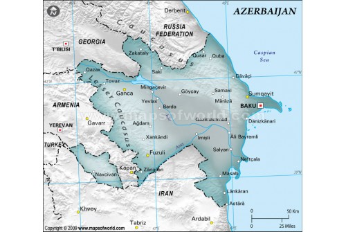 Azerbaijan Physical Map with Cities in Gray Color