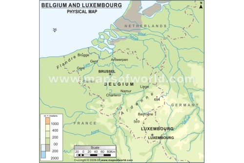 Belguim and Luxembourg Physical Map 