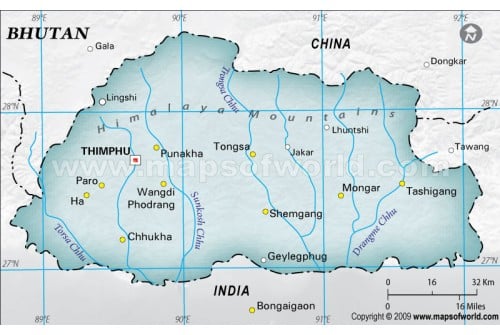 Bhutan Physical Map with Cities in Gray Color