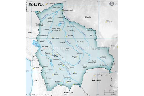 Bolivia Physical Map with Cities in Gray Color