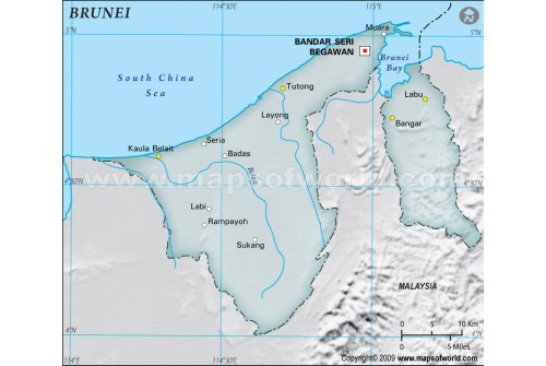 Brunei Physical Map with Cities in Gray Color