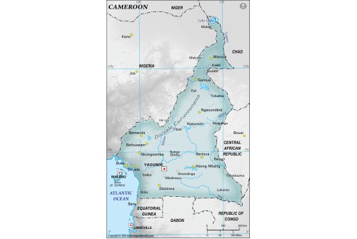 Cameroon Physical Map with Cities in Gray Color