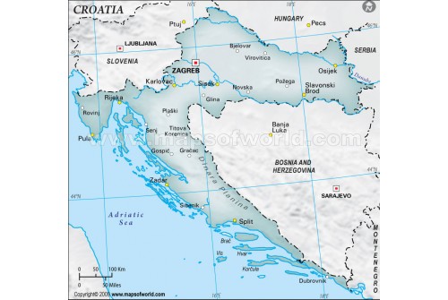 Croatia Physical Map with Cities in Gray Color