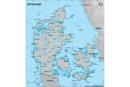 Denmark Physical Map with Cities in Gray Background