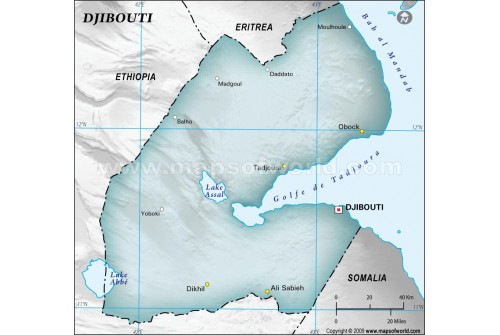 Djibouti Physical Map with Cities in Gray Background