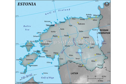 Estonia Physical Map with Cities in Gray Background