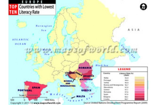 Europe Top Ten Countries With Lowest Literacy Rate Map