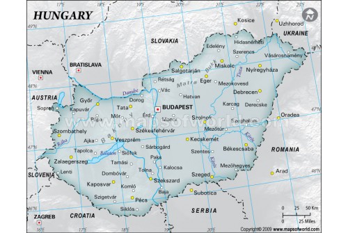 Hungary Physical Map with Cities in Gray Color