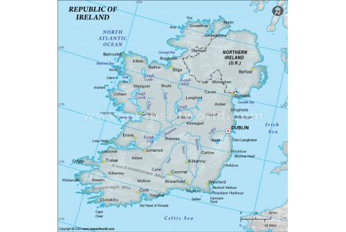 Ireland Physical Map with Cities in Gray Color