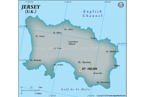Jersey Physical Map with Cities in Gray Color