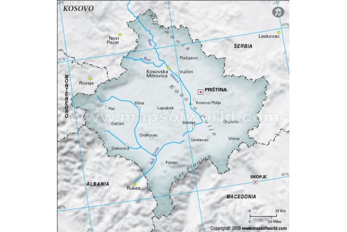 Kosovo Physical Map, Gray Color