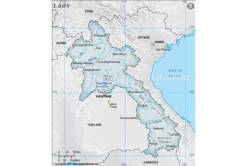 Laos Physical Map, Gray