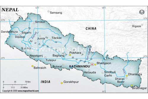 Nepal Physical Map with Cities in Gray Color