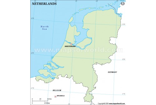 Netherlands Outline Map, Green Color