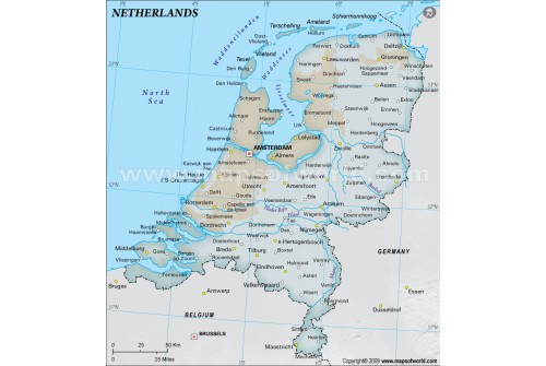 Netherlands Physical Map with Cities in Gray Background