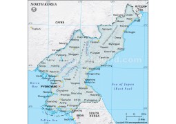 North Korea Physical Map with Cities in Gray Background