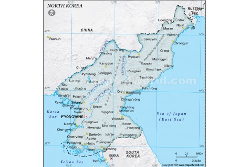 North Korea Physical Map with Cities in Gray Background