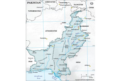 Pakistan Physical Map with Cities in Gray Color