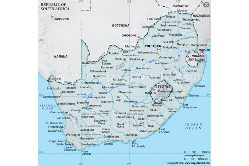 South Africa Physical Map in Gray Background