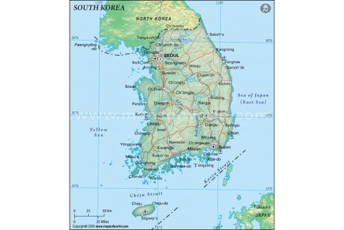 South Korea Political Map in Dark Green Background