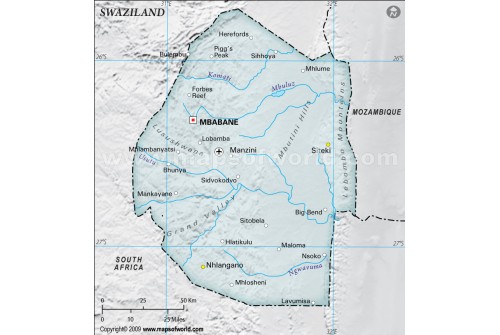 Swaziland Physical Map with Cities in Gray Color